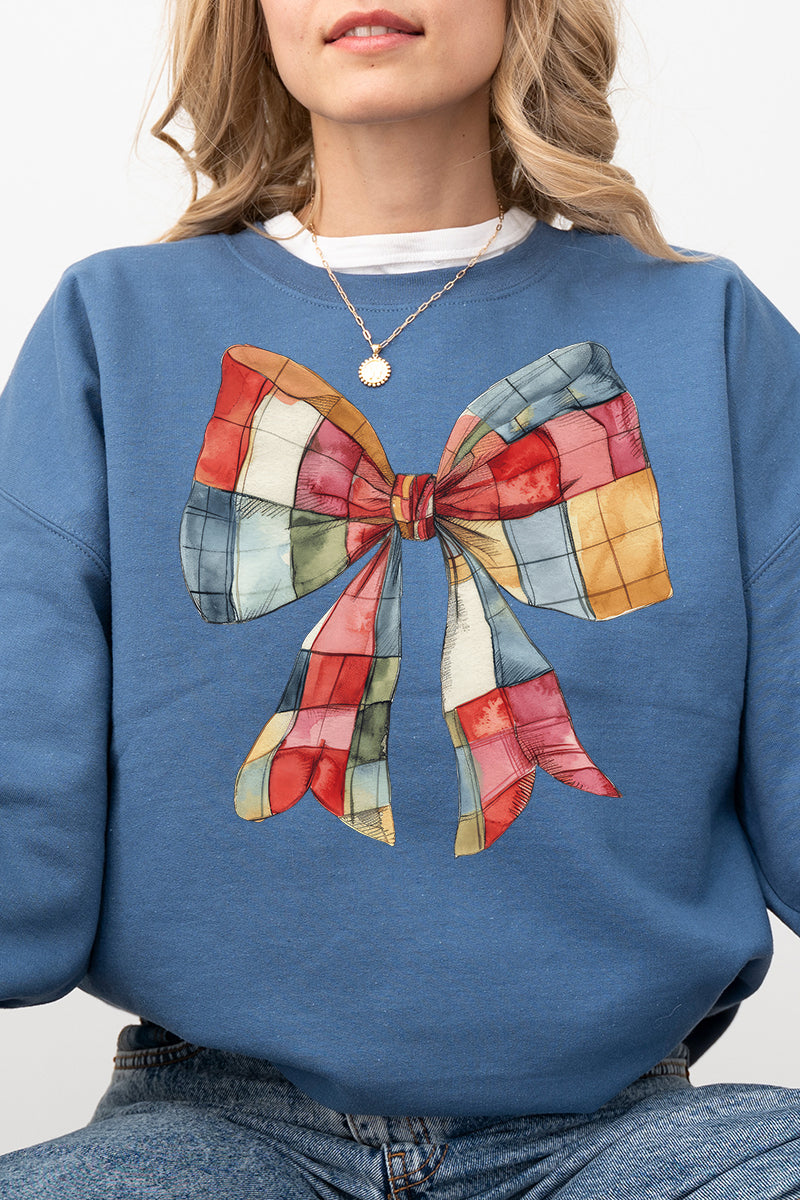 Faux Patchwork Red Bow Heavy-weight Crew Sweatshirt product image 1
