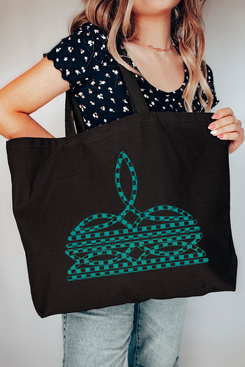 Turquoise Checkered Boot Stitch Canvas Jumbo Tote